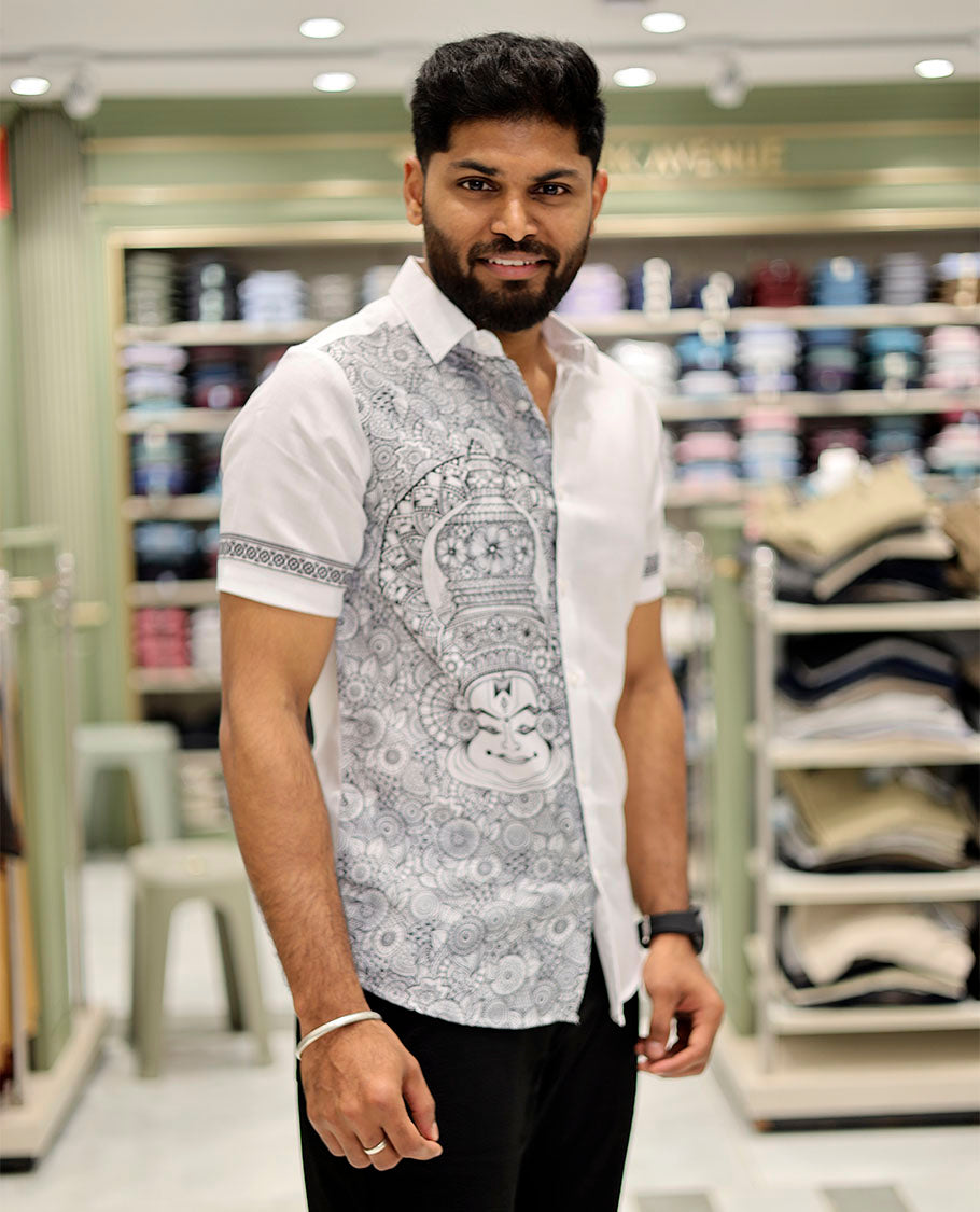 White Cotton-Blended Casual Shirt Features Onam-Themed Print, Half-Sleeves, a Spread Collar, a Regular Fit, and a Regular Length