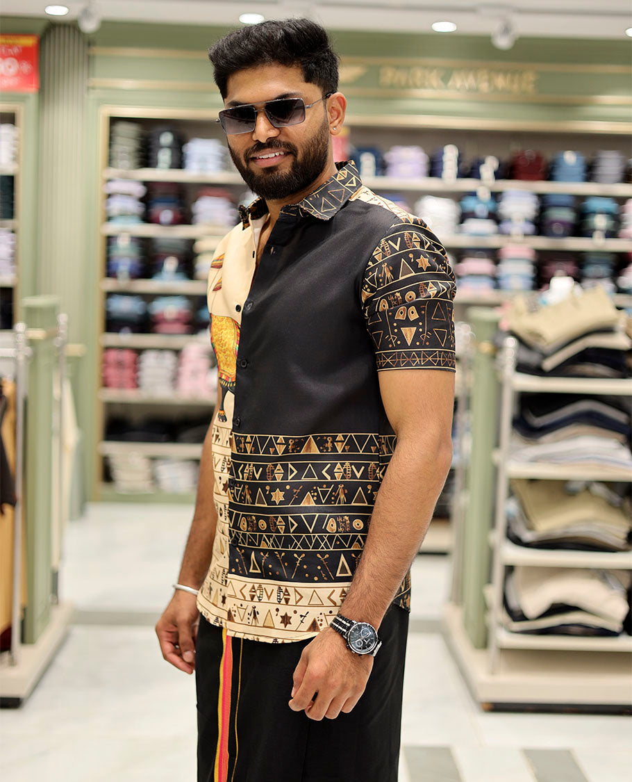 Blue Cotton-Blended Casual Shirt Features Onam-Themed Print, Half-Sleeves, a Spread Collar, a Regular Fit, and a Regular Length