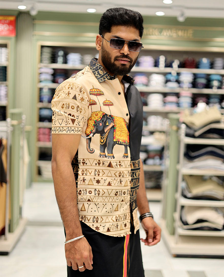 Blue Cotton-Blended Casual Shirt Features Onam-Themed Print, Half-Sleeves, a Spread Collar, a Regular Fit, and a Regular Length