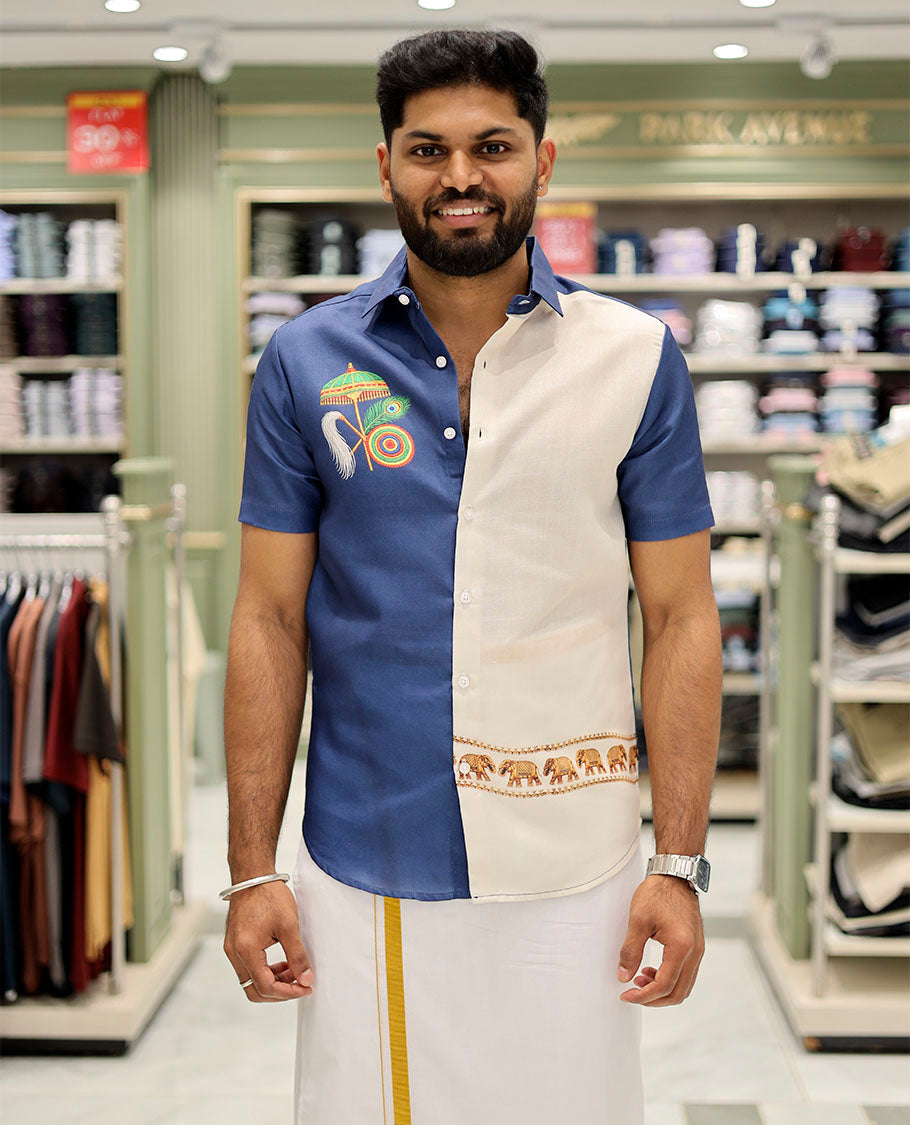 Navy Cotton-Blended Casual Shirt Features Onam-Themed Print, Half-Sleeves, a Spread Collar, a Regular Fit, and a Regular Length