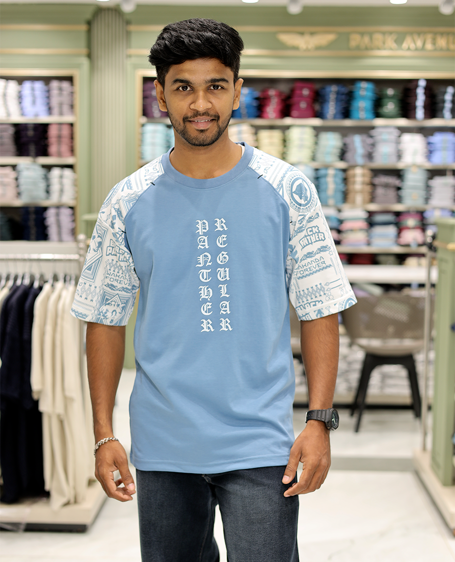 Blue Cotton-Blended Crew-Neck T-Shirt Features Typography Print, Printed Half-Sleeves, Regular Fit, and Regular Length