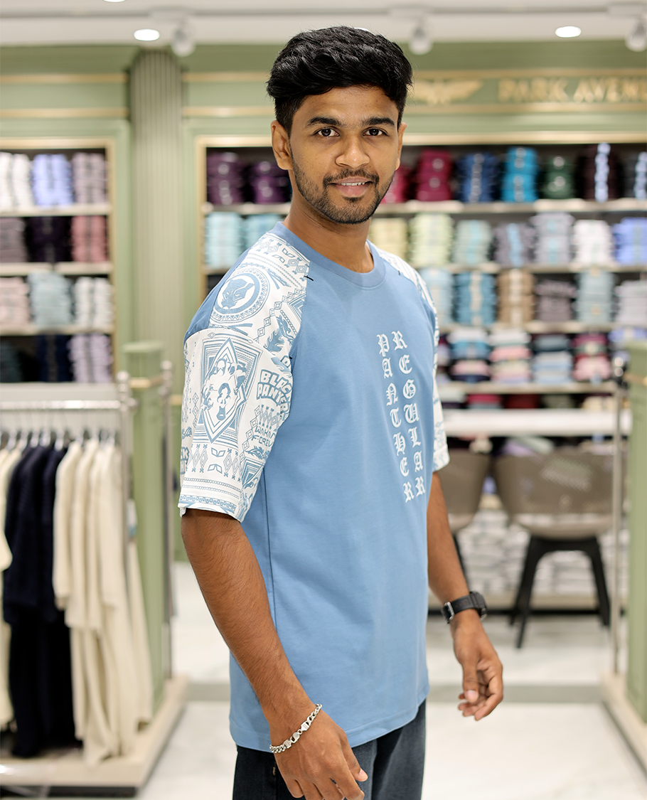 Blue Cotton-Blended Crew-Neck T-Shirt Features Typography Print, Printed Half-Sleeves, Regular Fit, and Regular Length