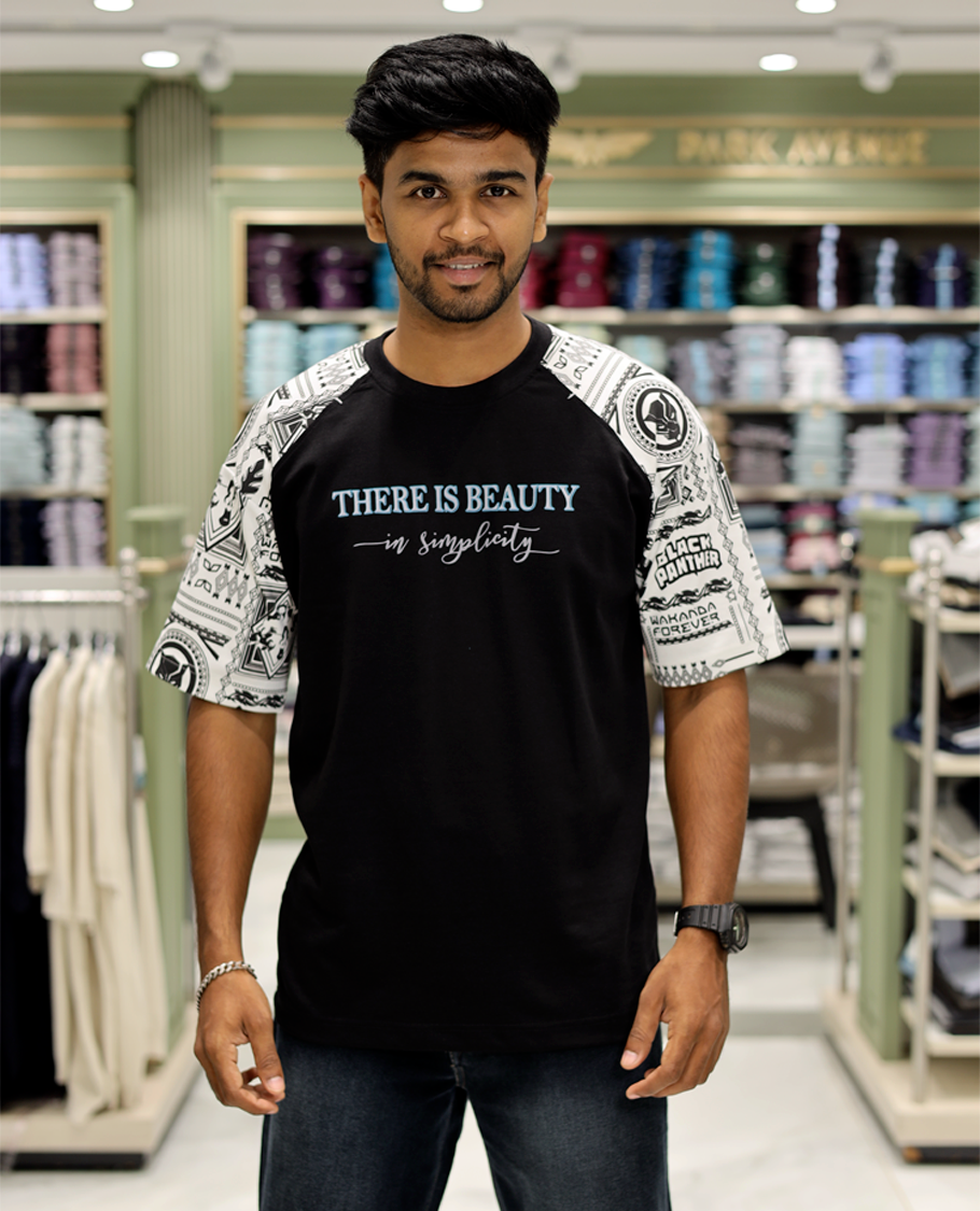 Black Cotton-Blended Crew-Neck T-Shirt Features Typography Print, Printed Half-Sleeves, Regular Fit, and Regular Length