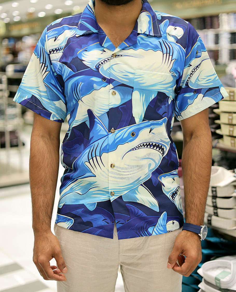 Multi-Color Poly-Blended Casual Shirt Features Pool of Sharks Print, Half Sleeves, a Poly Collar, a Regular Fit, and a Regular Length
