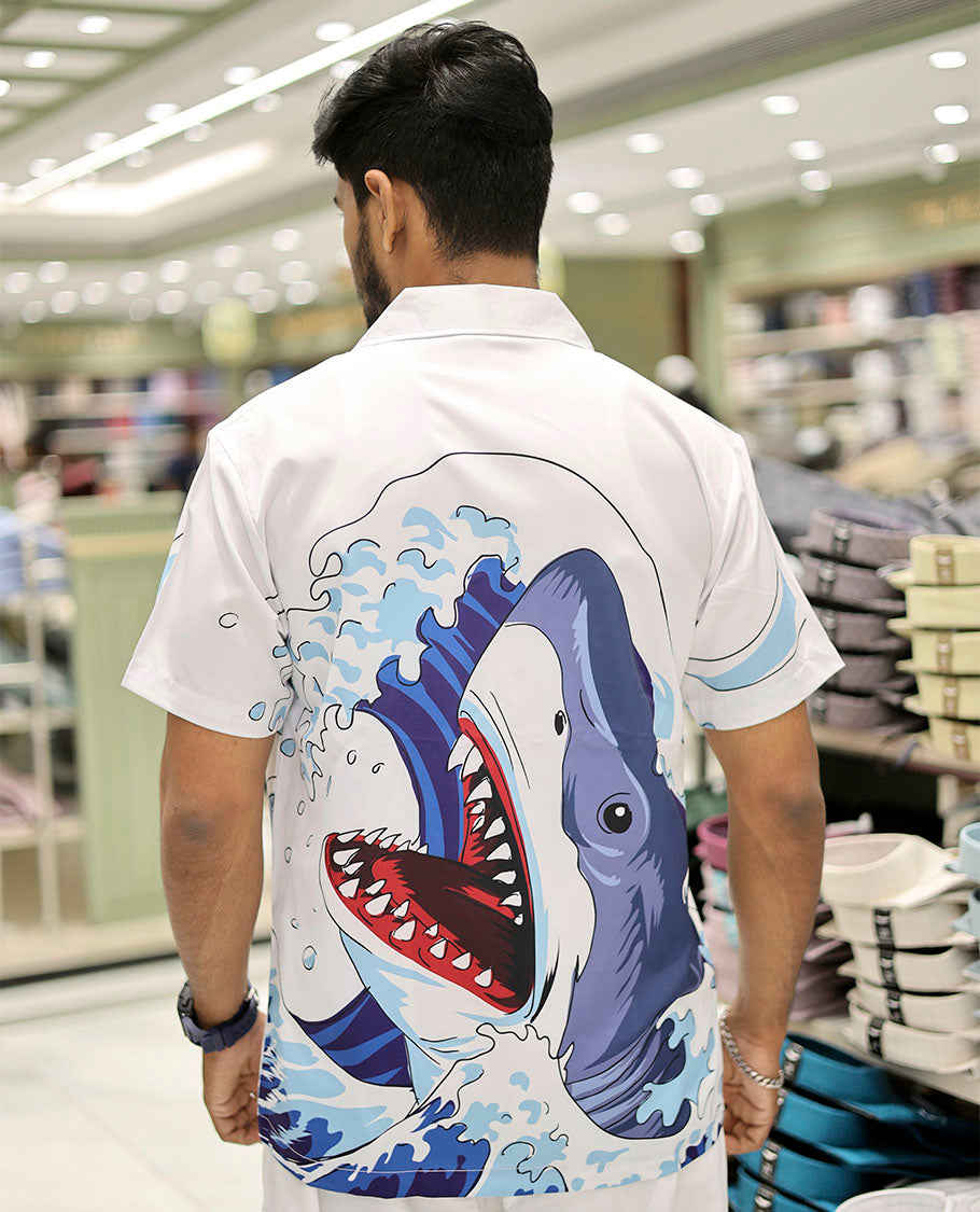 Multi-Color Poly-Blended Casual Shirt Features Shark Print, Half Sleeves, a Poly Collar, a Regular Fit, and a Regular Length