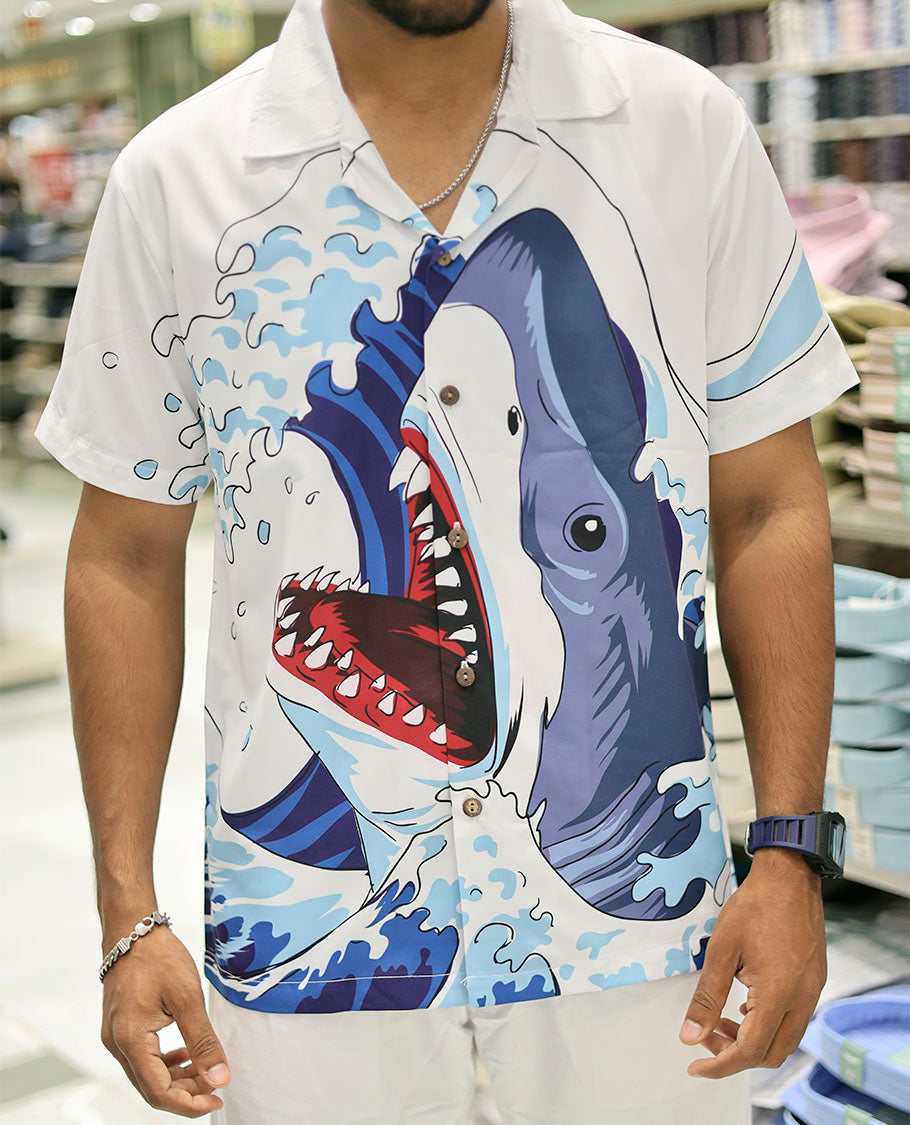 Multi-Color Poly-Blended Casual Shirt Features Shark Print, Half Sleeves, a Poly Collar, a Regular Fit, and a Regular Length