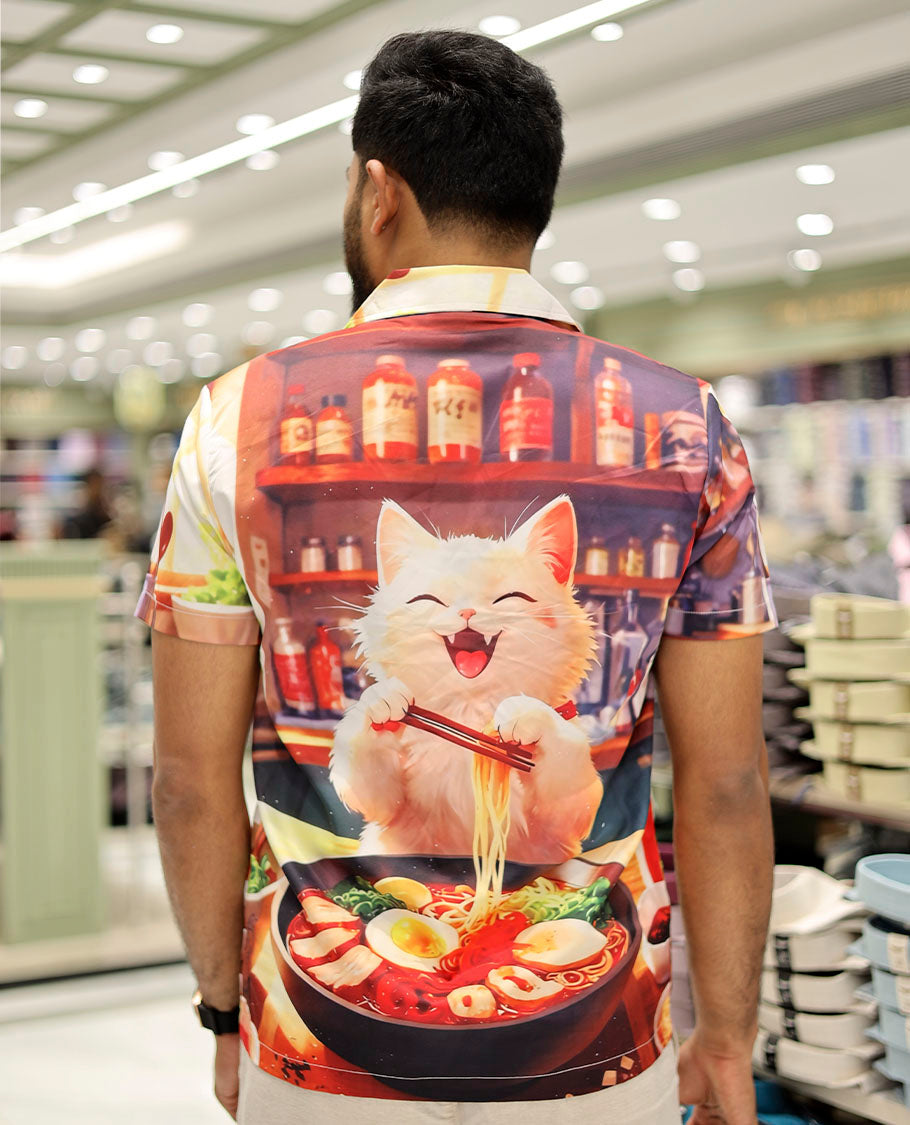 Multi-Color Poly-Blended Casual Shirt Features Funky Cartoon Print, Half Sleeves, a Poly Collar, a Regular Fit, and a Regular Length