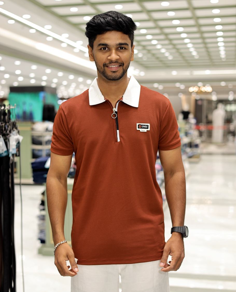 Burgundy Cotton-Blended Zipper T-Shirt Features Half-Sleeves, a Contrast Polo Collar, Slim Fit, and Regular Length