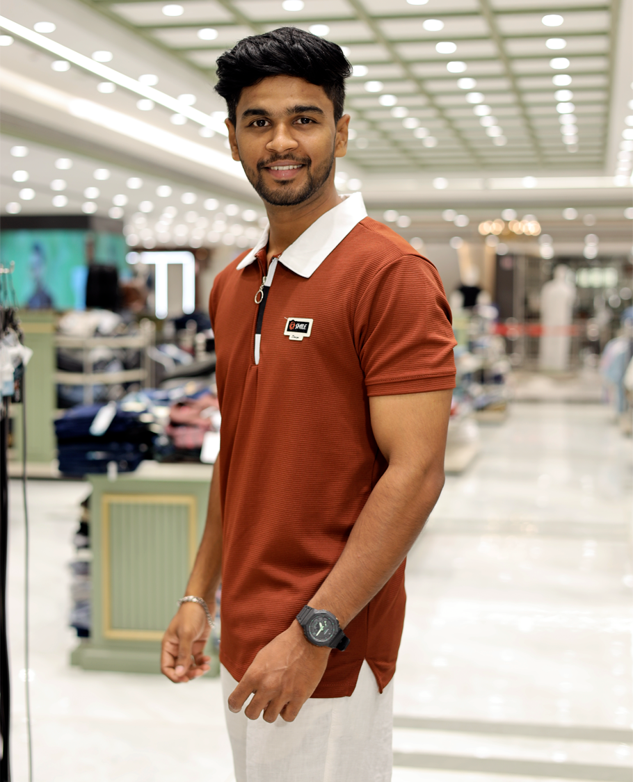 Burgundy Cotton-Blended Zipper T-Shirt Features Half-Sleeves, a Contrast Polo Collar, Slim Fit, and Regular Length