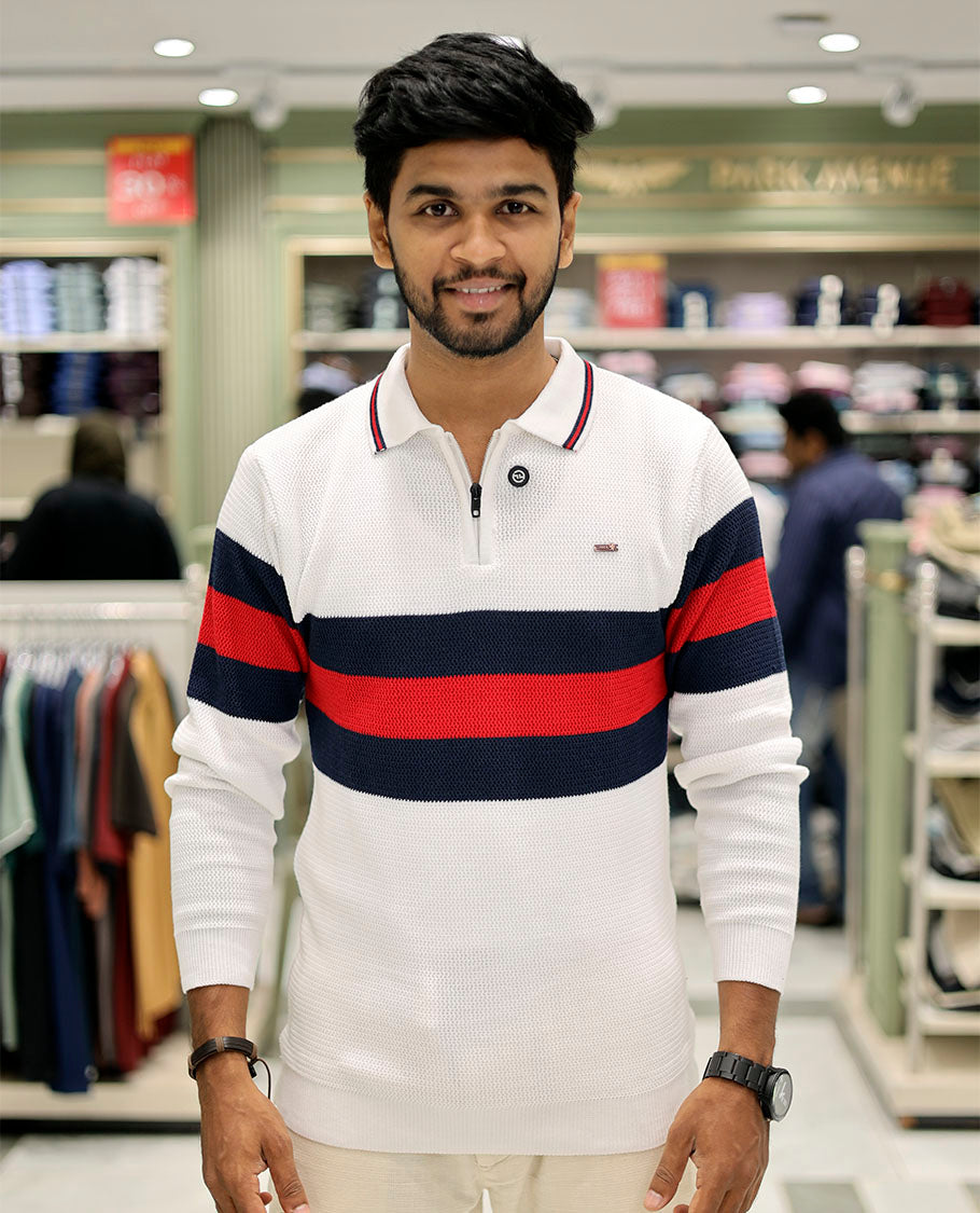 White Cotton-Blended T-Shirt Features Strip Blocks, Full-Sleeves, a Polo Neck, a Slim Fit, and a Regular Length