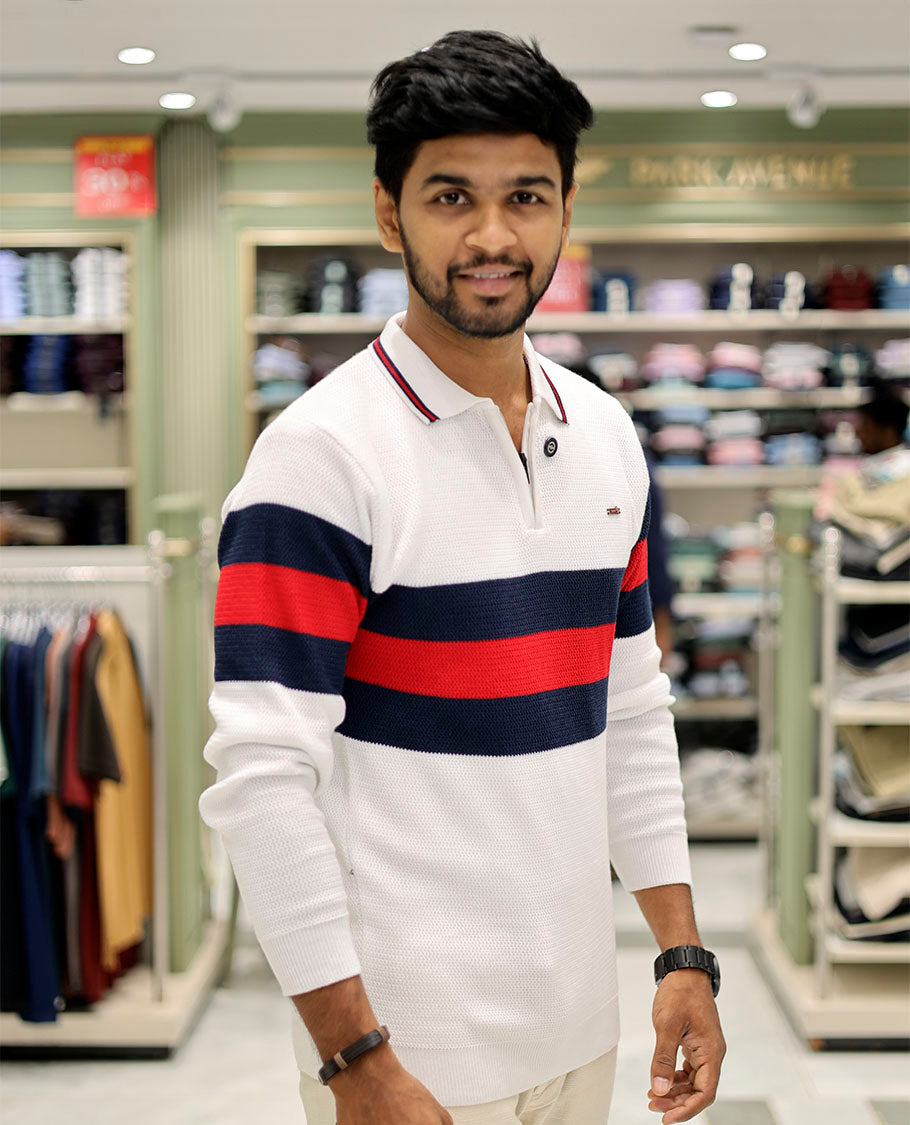 White Cotton-Blended T-Shirt Features Strip Blocks, Full-Sleeves, a Polo Neck, a Slim Fit, and a Regular Length