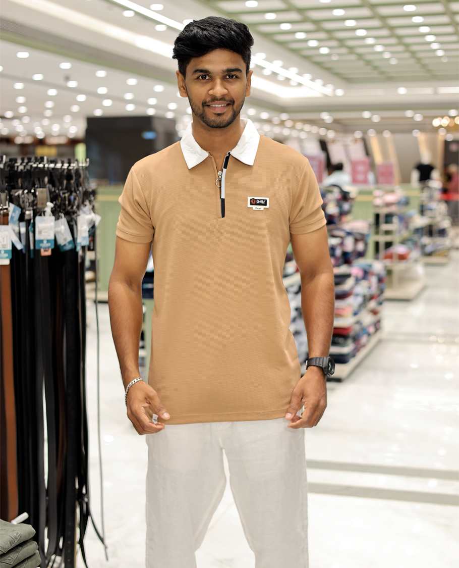 Orange Cotton-Blended Zipper T-Shirt Features Half-Sleeves, a Contrast Polo Collar, Slim Fit, and Regular Length
