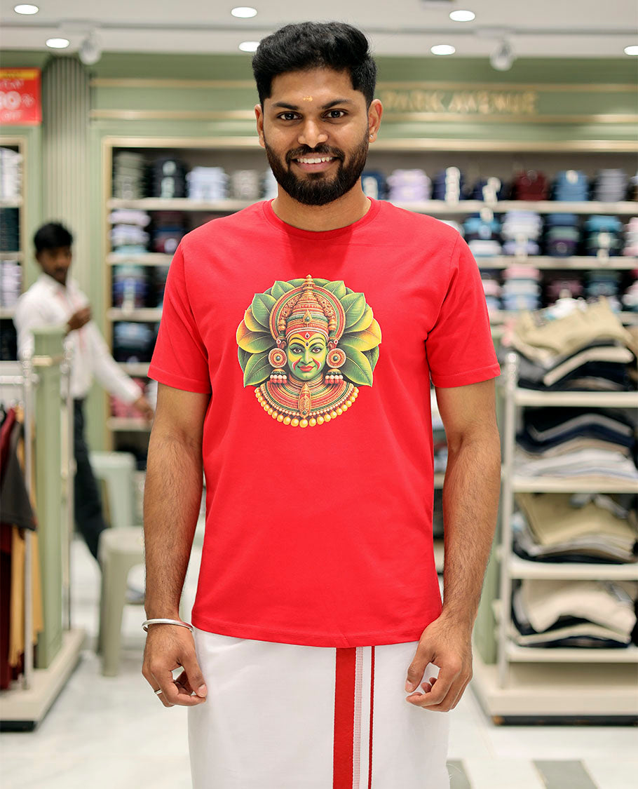 Red Cotton-Blended T-Shirt Features Onam-Themed Kathakali Face Print, Half-Sleeves, a Round Neck, a Slim Fit, and a Regular Length