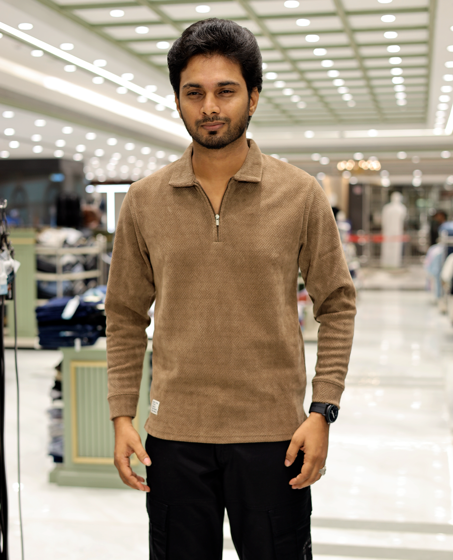 Brown Poly-Blended Zipper T-Shirt Features Full-Sleeves, a Polo Collar, Regular Fit, and Regular Length