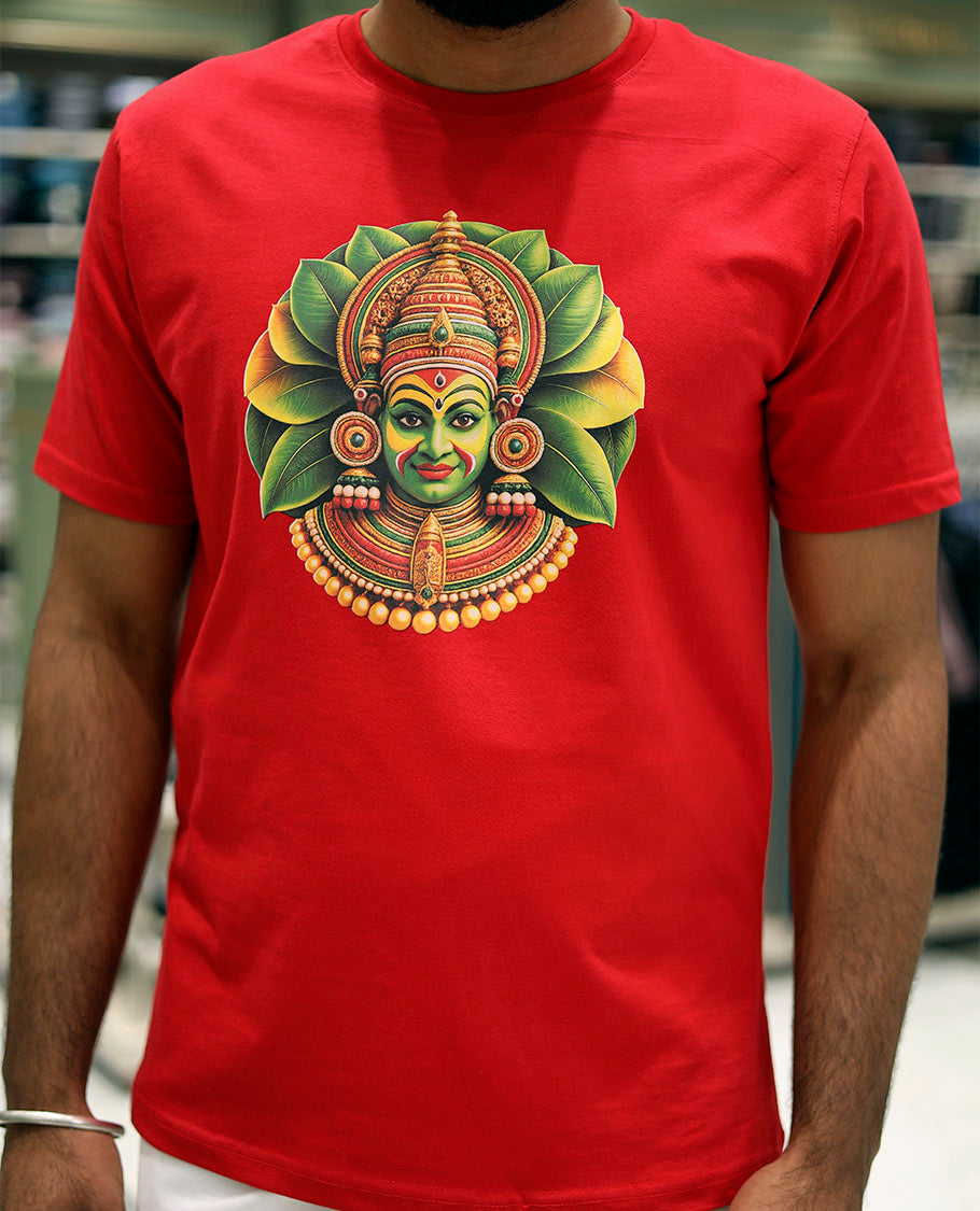 Red Cotton-Blended T-Shirt Features Onam-Themed Kathakali Face Print, Half-Sleeves, a Round Neck, a Slim Fit, and a Regular Length