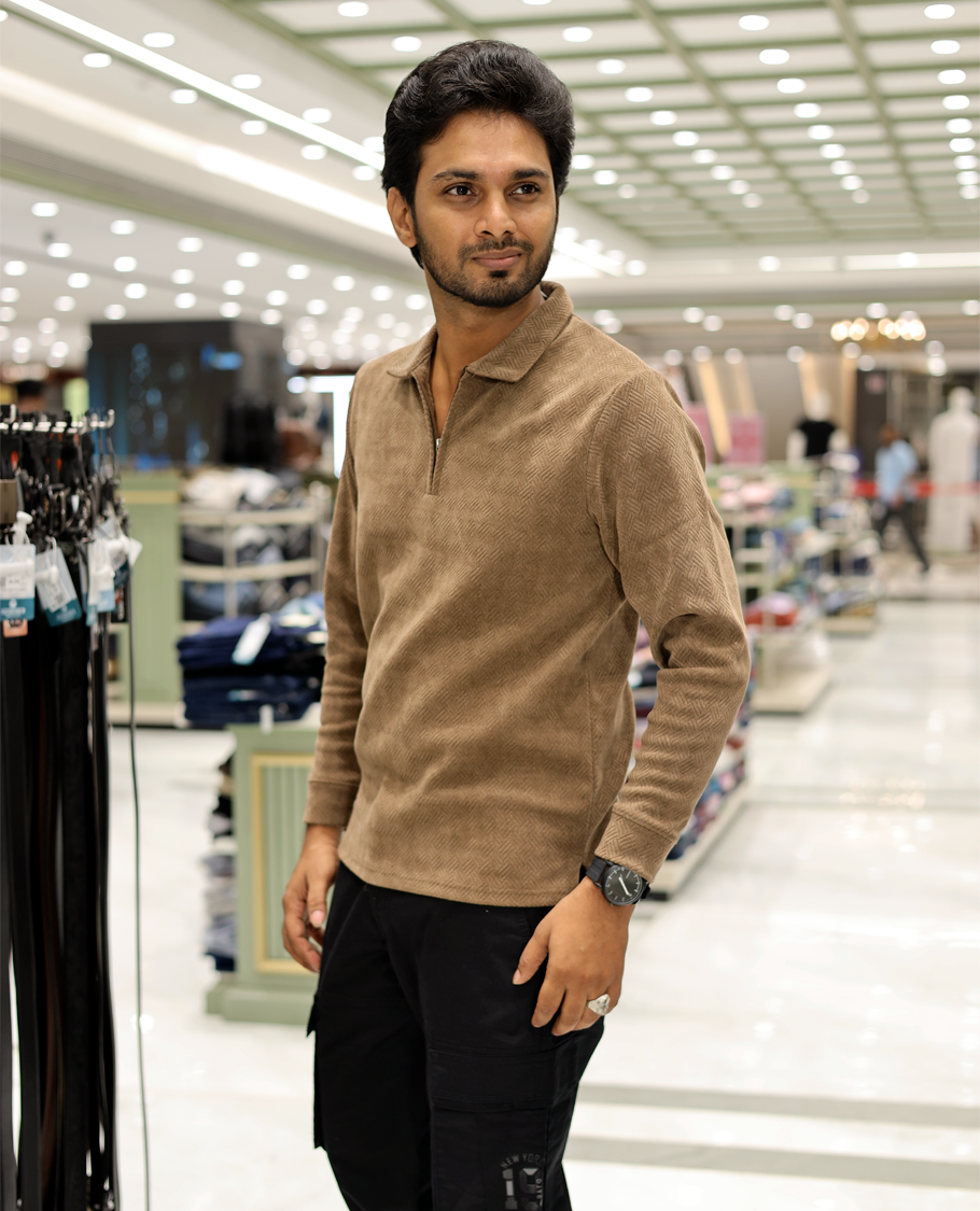 Brown Poly-Blended Zipper T-Shirt Features Full-Sleeves, a Polo Collar, Regular Fit, and Regular Length