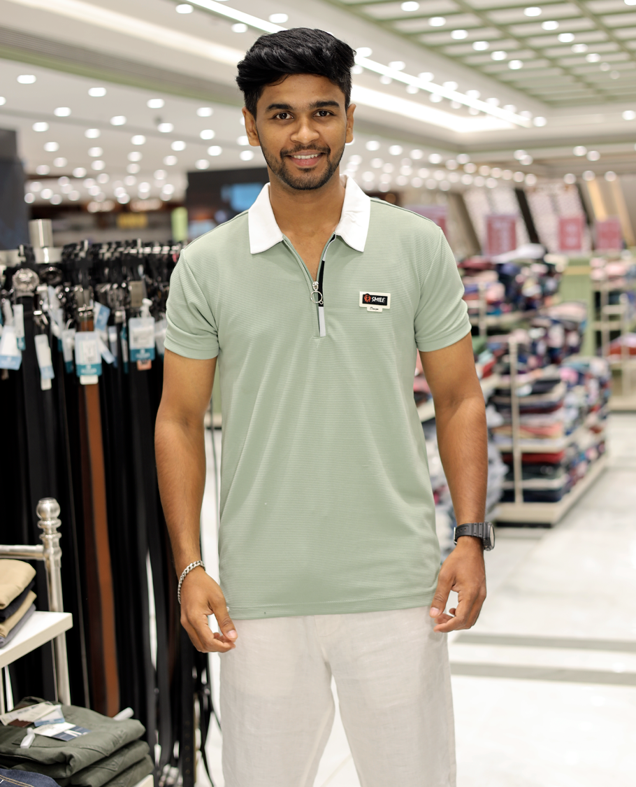 Light Green Cotton-Blended Zipper T-Shirt Features Half-Sleeves, a Contrast Polo Collar, Slim Fit, and Regular Length