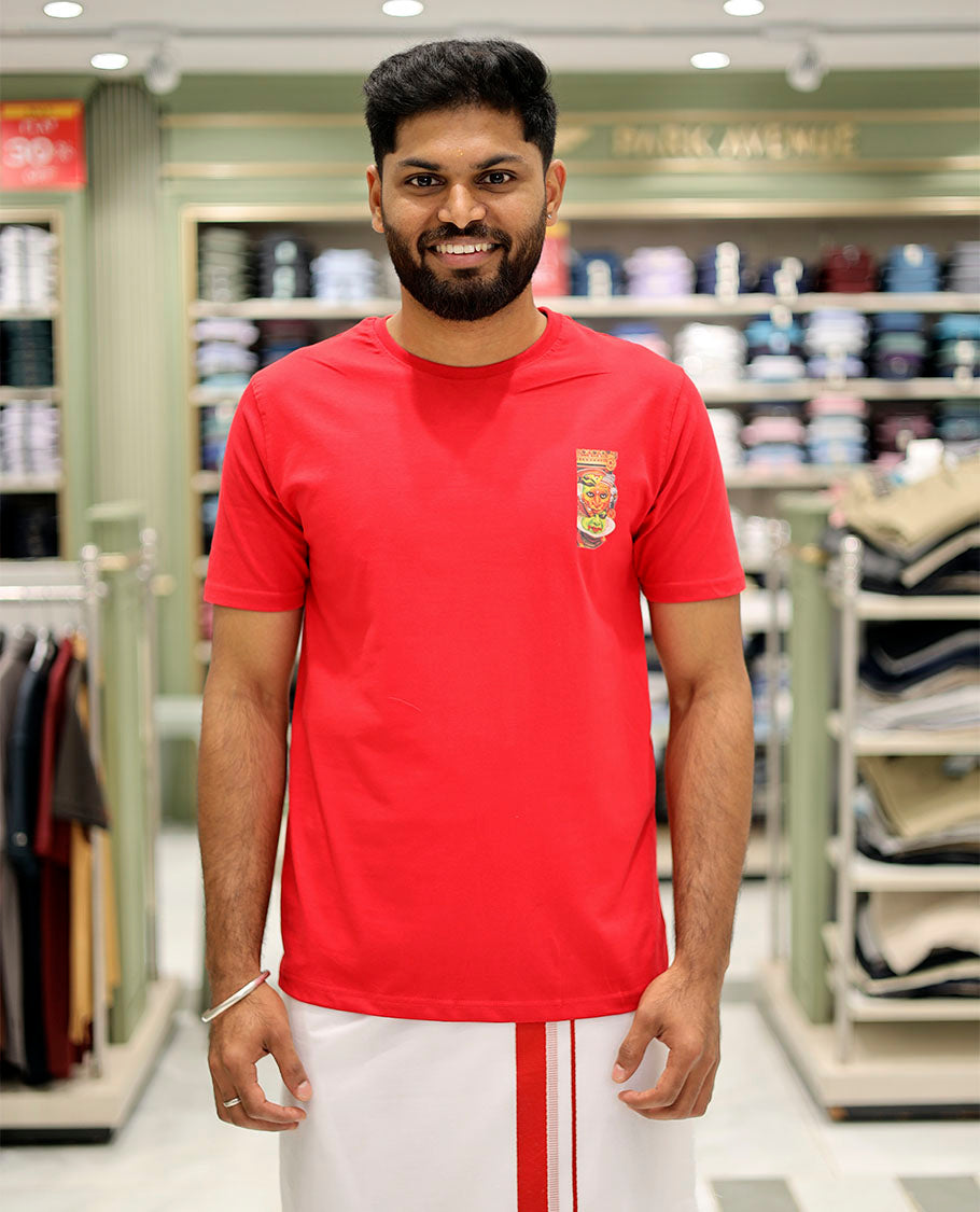 Red Cotton-Blended T-Shirt Features Onam-Themed Kathakali Face Print, Half-Sleeves, a Round Neck, a Slim Fit, and a Regular Length