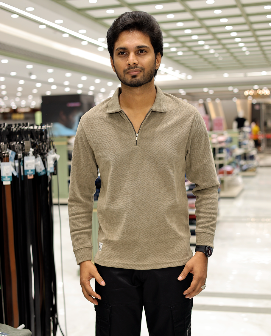 Khaki Poly-Blended Zipper T-Shirt Features Full-Sleeves, a Polo Collar, Regular Fit, and Regular Length