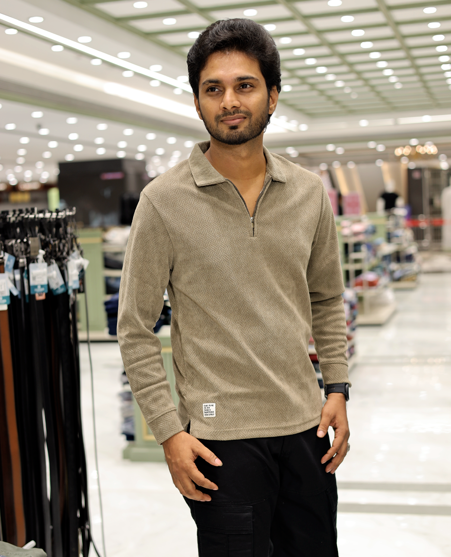 Khaki Poly-Blended Zipper T-Shirt Features Full-Sleeves, a Polo Collar, Regular Fit, and Regular Length