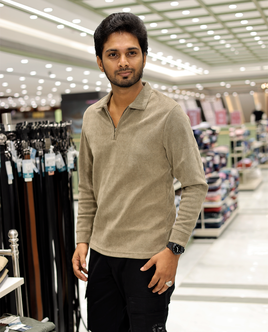 Khaki Poly-Blended Zipper T-Shirt Features Full-Sleeves, a Polo Collar, Regular Fit, and Regular Length