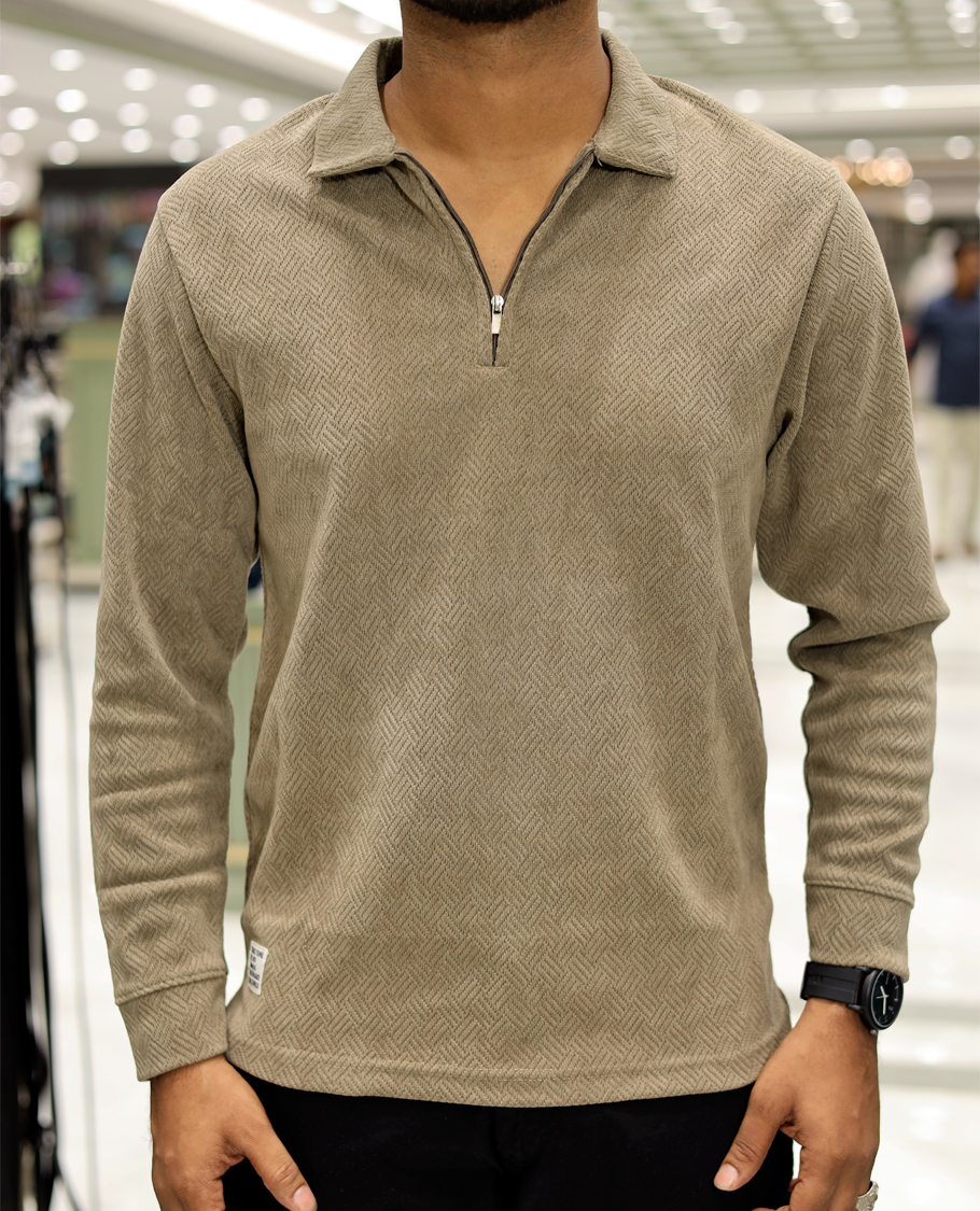 Khaki Poly-Blended Zipper T-Shirt Features Full-Sleeves, a Polo Collar, Regular Fit, and Regular Length