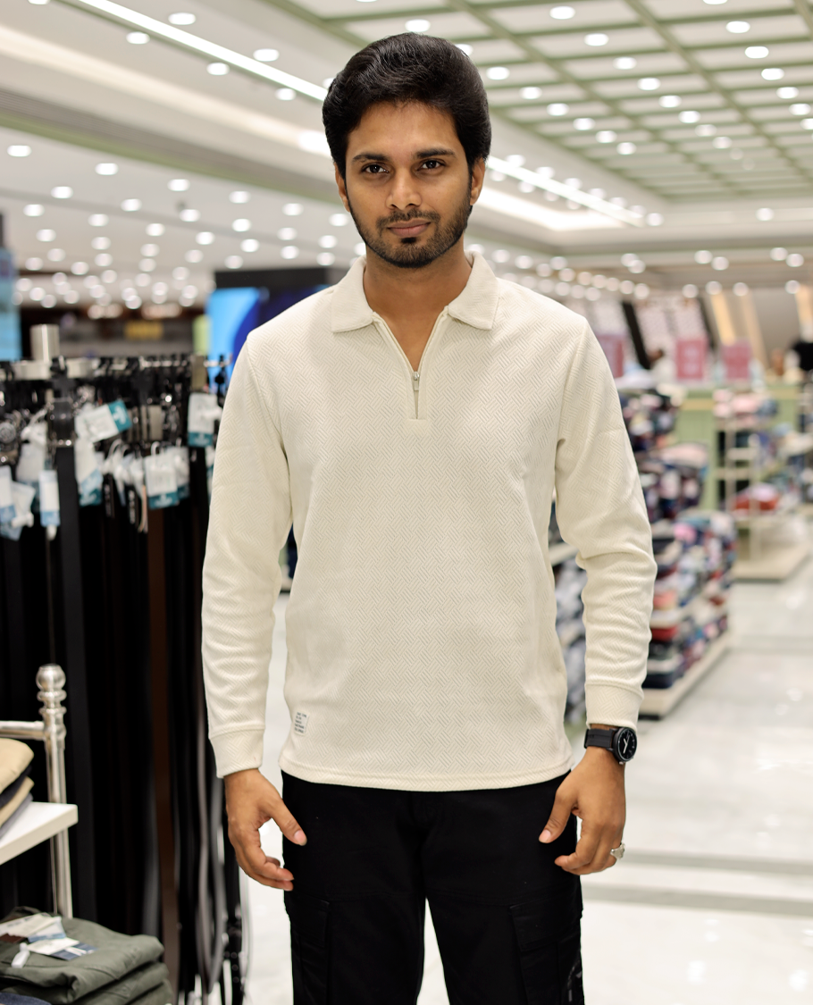 Cream Poly-Blended Zipper T-Shirt Features Full-Sleeves, a Polo Collar, Regular Fit, and Regular Length