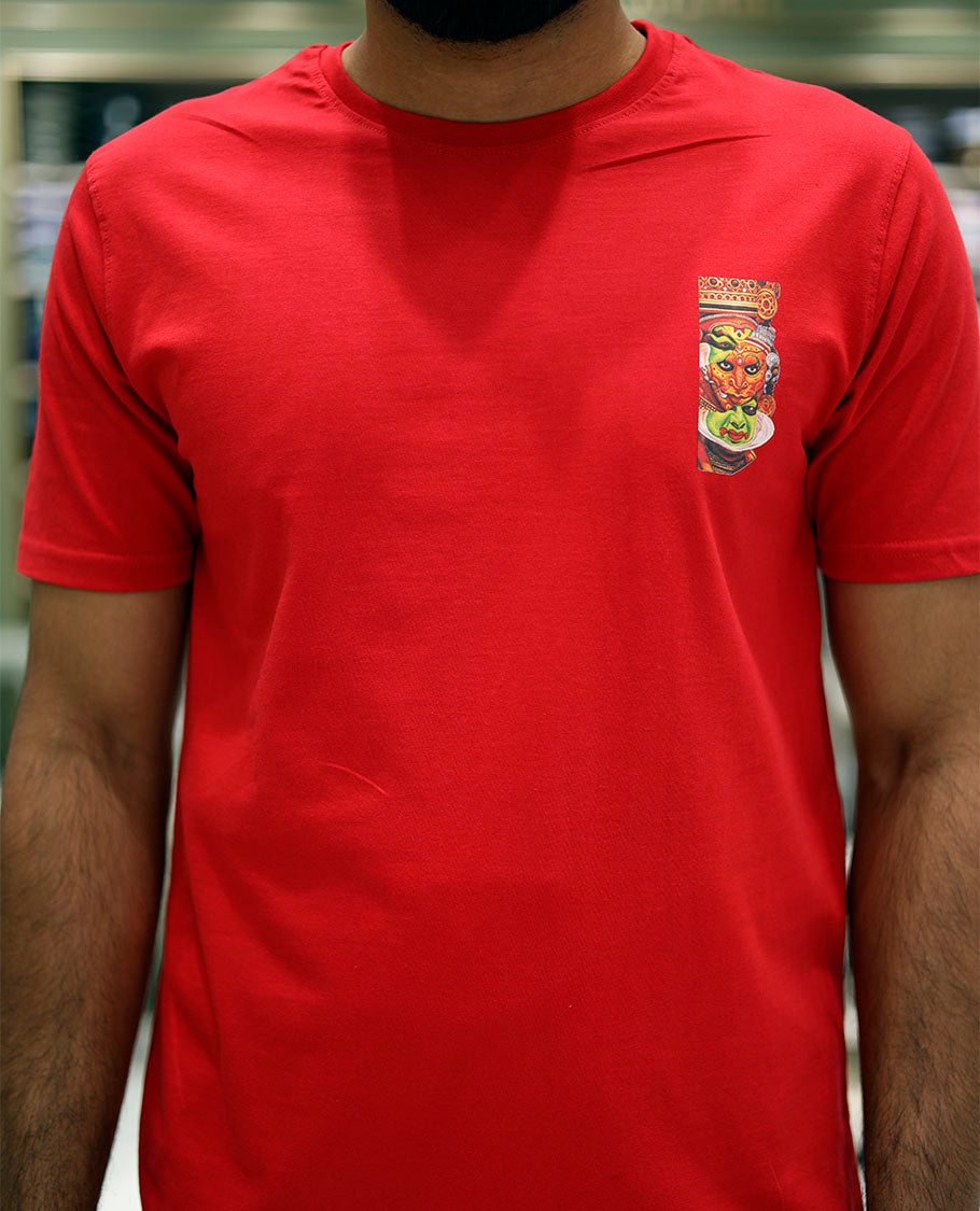 Red Cotton-Blended T-Shirt Features Onam-Themed Kathakali Face Print, Half-Sleeves, a Round Neck, a Slim Fit, and a Regular Length