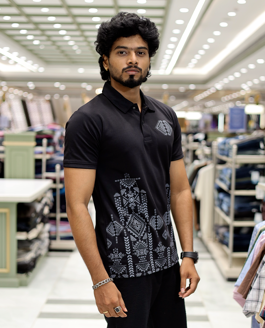 Black Intricate Print Cotton-Blended T-Shirt