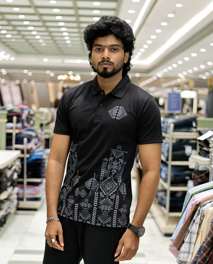 Black Intricate Print Cotton-Blended T-Shirt