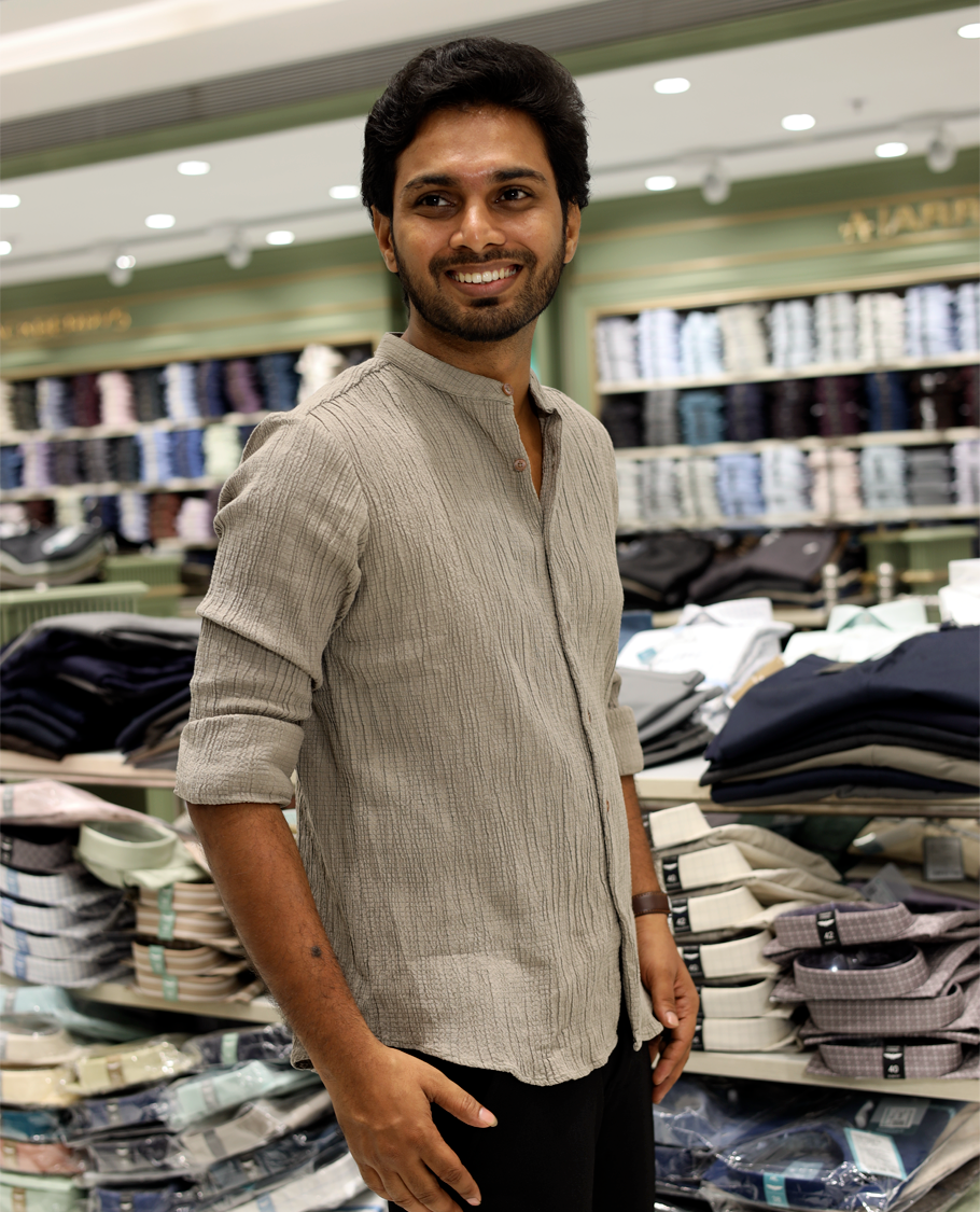 Taupe Poly-Blended Casual Shirt Features Full Sleeves, a Mandarin Collar, Slim Fit, and Regular Length