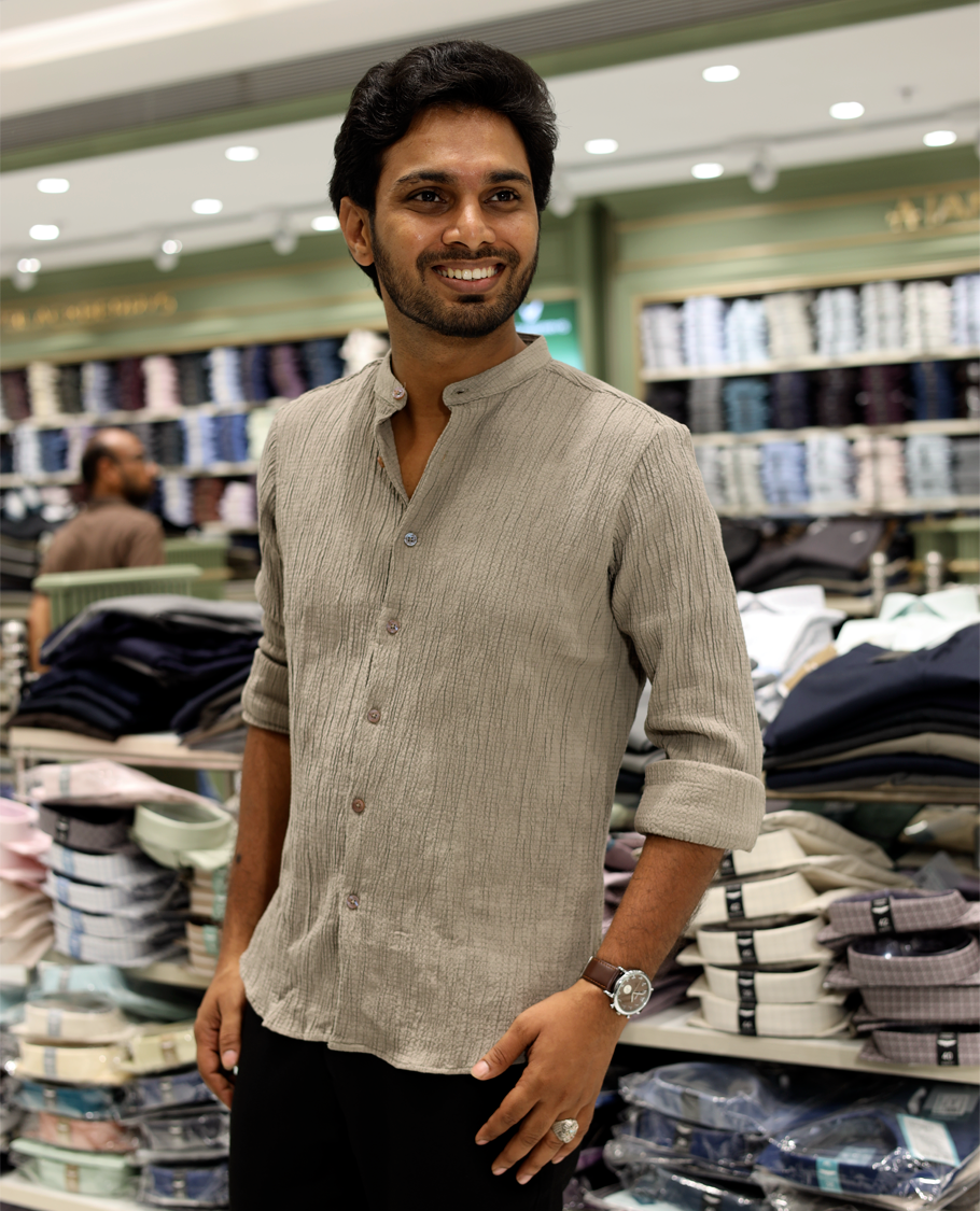 Taupe Poly-Blended Casual Shirt Features Full Sleeves, a Mandarin Collar, Slim Fit, and Regular Length
