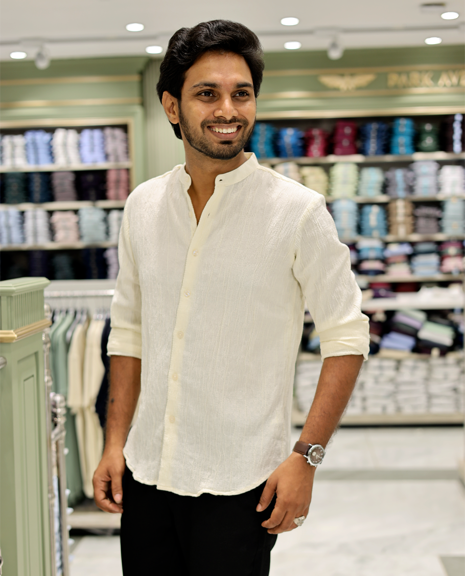 Cream Poly-Blended Casual Shirt Features Full Sleeves, a Mandarin Collar, Slim Fit, and Regular Length
