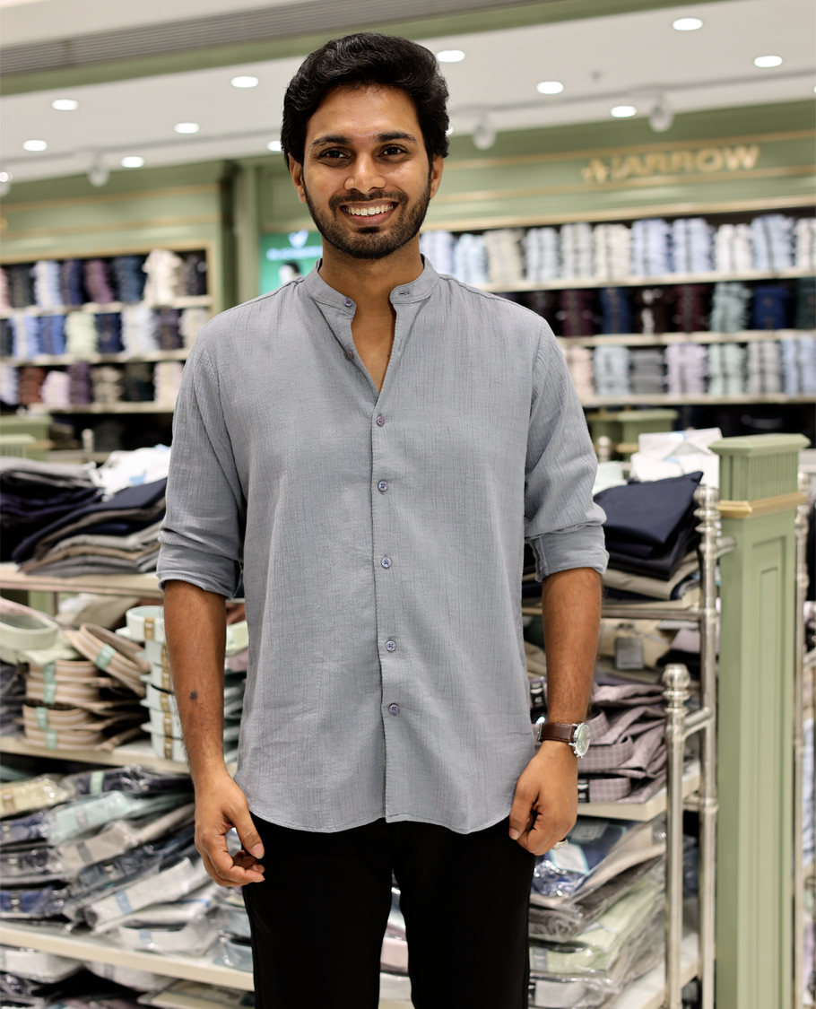 Grey Poly-Blended Casual Shirt Features Full Sleeves, a Mandarin Collar, Slim Fit, and Regular Length