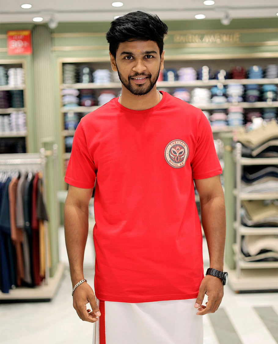 Red Cotton-Blended T-Shirt Features Onam-Themed Face Print, Half-Sleeves, a Round Neck, a Slim Fit, and a Regular Length