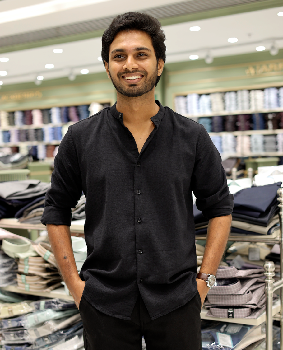 Black Poly-Blended Casual Shirt Features Full Sleeves, a Mandarin Collar, Slim Fit, and Regular Length