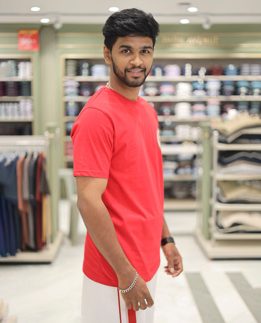 Red Cotton-Blended T-Shirt Features Onam-Themed Face Print, Half-Sleeves, a Round Neck, a Slim Fit, and a Regular Length