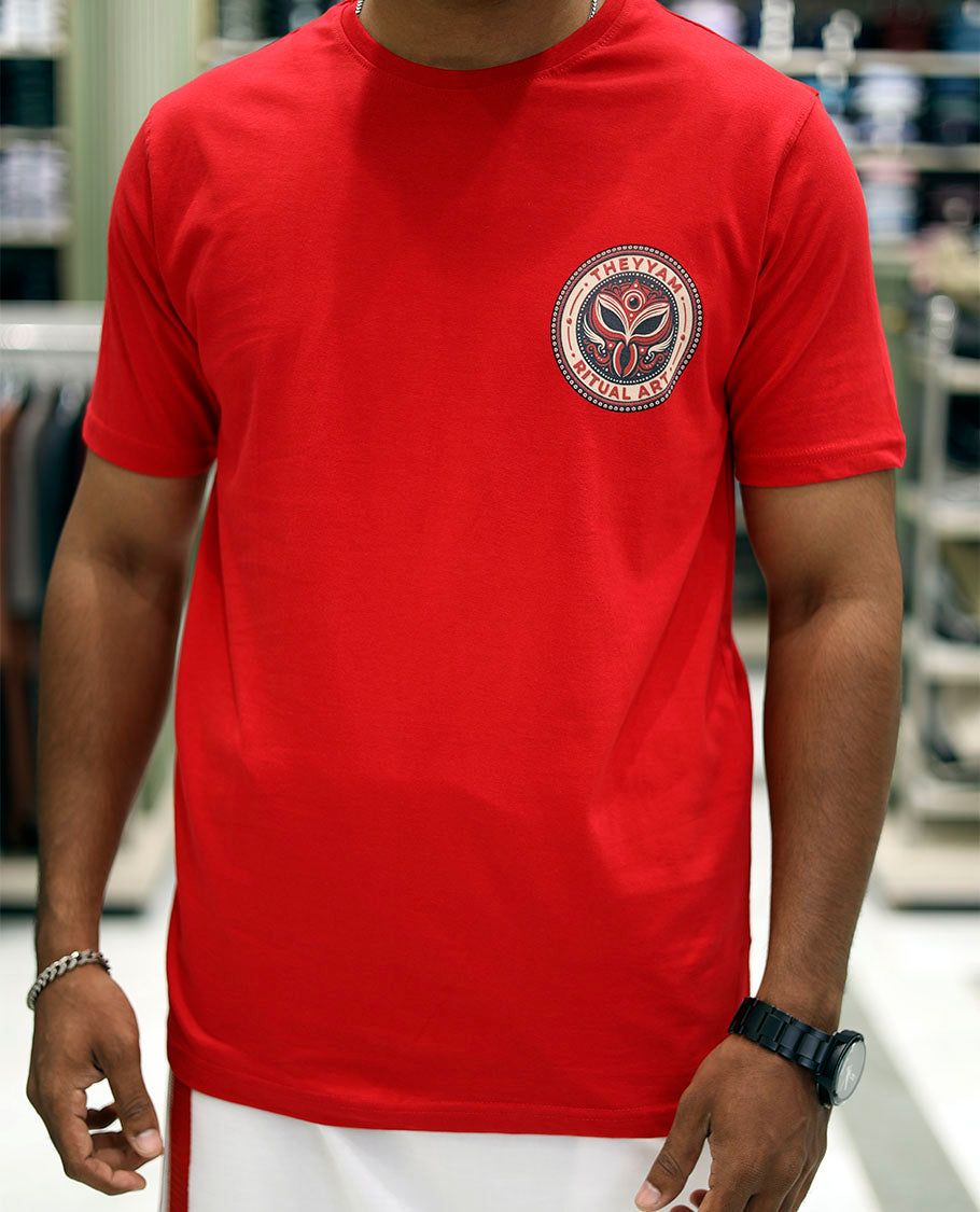 Red Cotton-Blended T-Shirt Features Onam-Themed Face Print, Half-Sleeves, a Round Neck, a Slim Fit, and a Regular Length