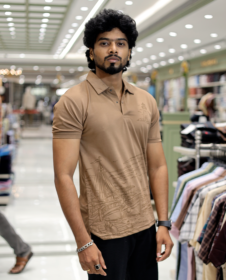 Brown Architecture Theme Cotton-Blended T-Shirt