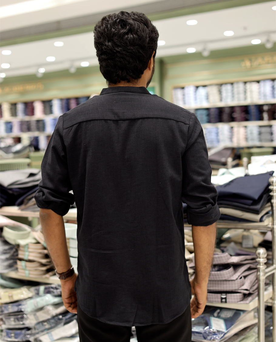 Black Poly-Blended Casual Shirt Features Full Sleeves, a Mandarin Collar, Slim Fit, and Regular Length