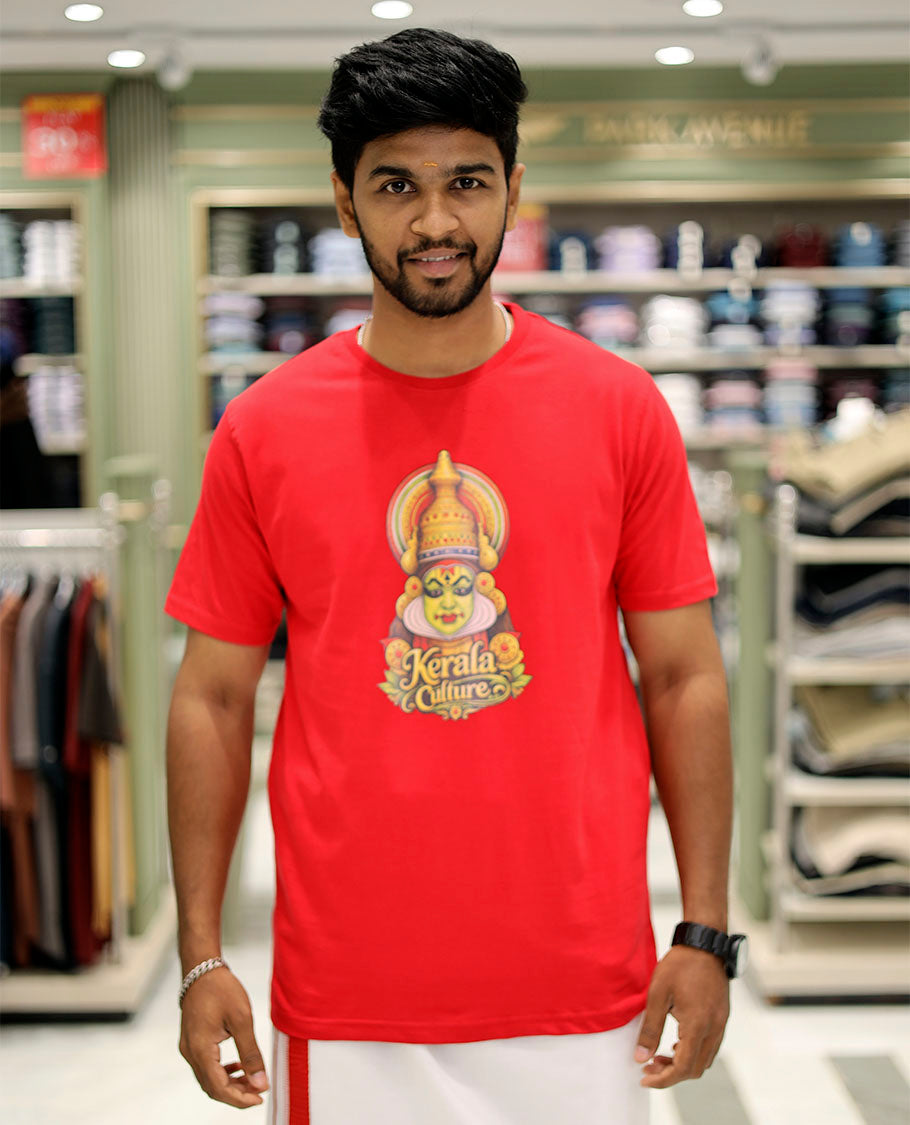 Red Cotton-Blended T-Shirt Features Kerala-Themed Kathakali Print, Half-Sleeves, a Round Neck, a Slim Fit, and a Regular Length