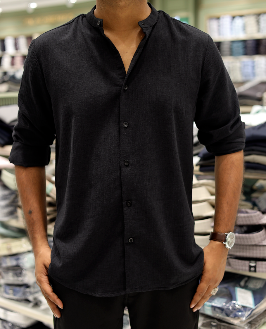 Black Poly-Blended Casual Shirt Features Full Sleeves, a Mandarin Collar, Slim Fit, and Regular Length