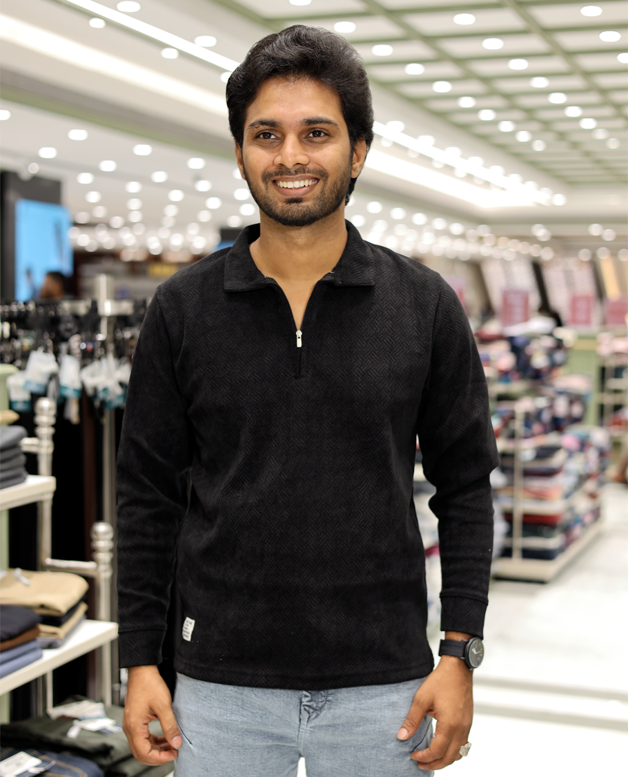 Black Poly-Blended Zipper T-Shirt Features Full-Sleeves, a Polo Collar, Regular Fit, and Regular Length