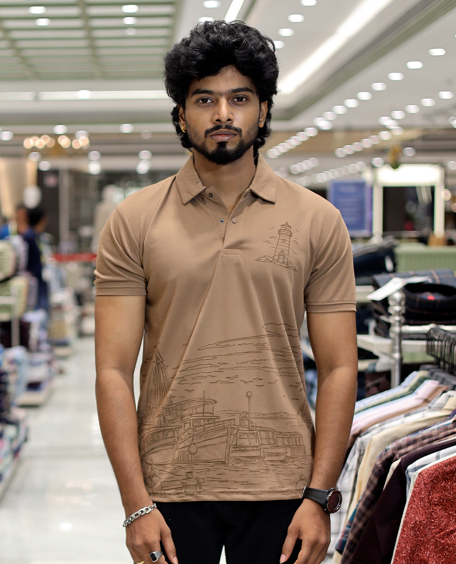 Brown Architecture Theme Cotton-Blended T-Shirt
