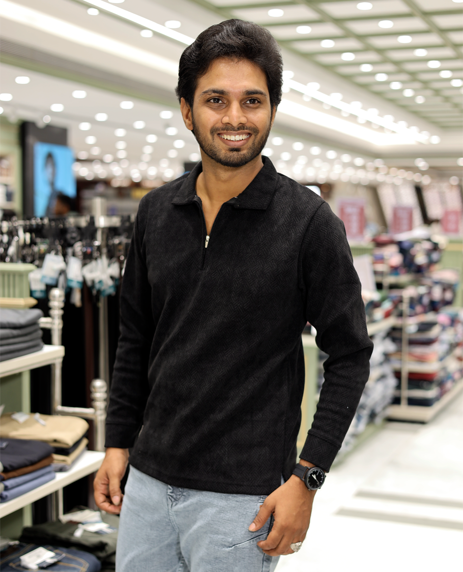 Black Poly-Blended Zipper T-Shirt Features Full-Sleeves, a Polo Collar, Regular Fit, and Regular Length
