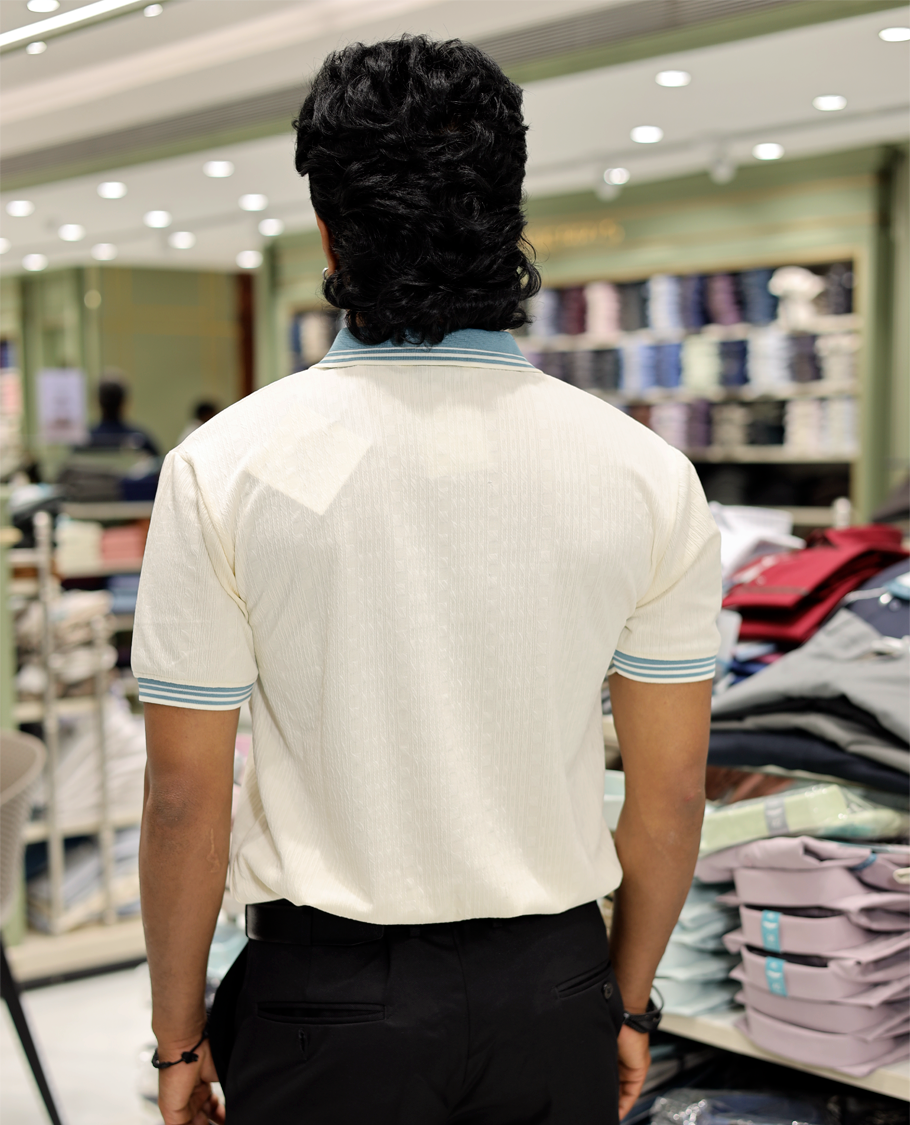 Cream Cotton-Blended Zipper T-Shirt Features Half-Sleeves, a Polo Collar, Slim Fit, and Regular Length