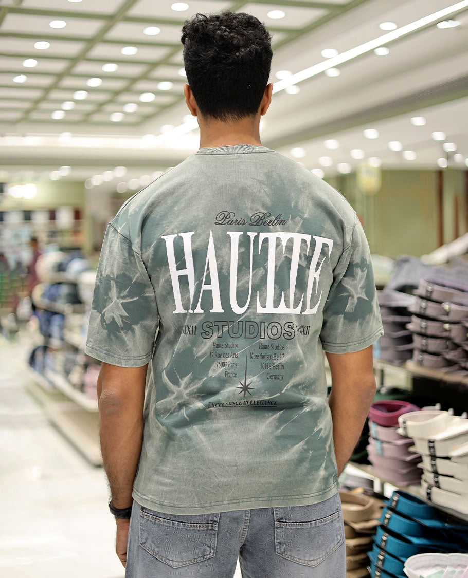 Green Cotton-Blended T-Shirt Features Typography Print, Half Sleeves, a Round Neck, an Oversized Fit, and a Regular Length