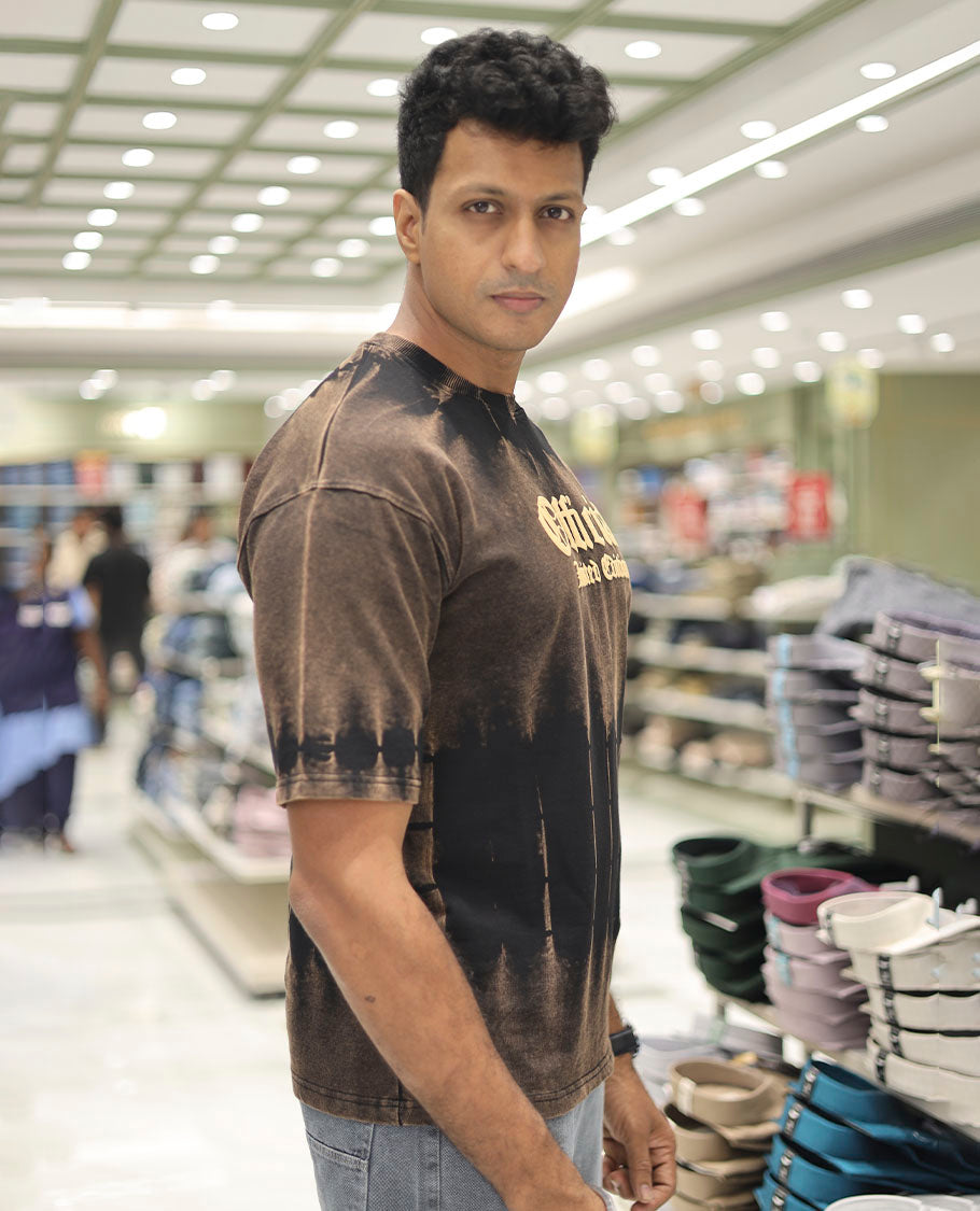 Black Cotton-Blended T-Shirt Features Typography Print, Half Sleeves, a Round Neck, an Oversized Fit, and a Regular Length