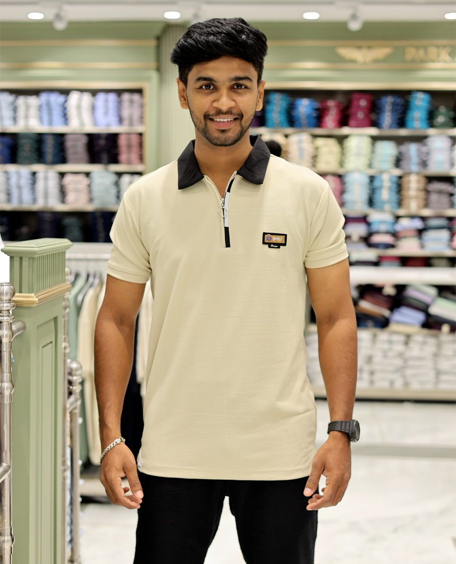 Yellow Cotton-Blended Zipper T-Shirt Features Half-Sleeves, a Contrast Polo Collar, Slim Fit, and Regular Length