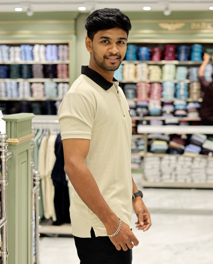 Yellow Cotton-Blended Zipper T-Shirt Features Half-Sleeves, a Contrast Polo Collar, Slim Fit, and Regular Length